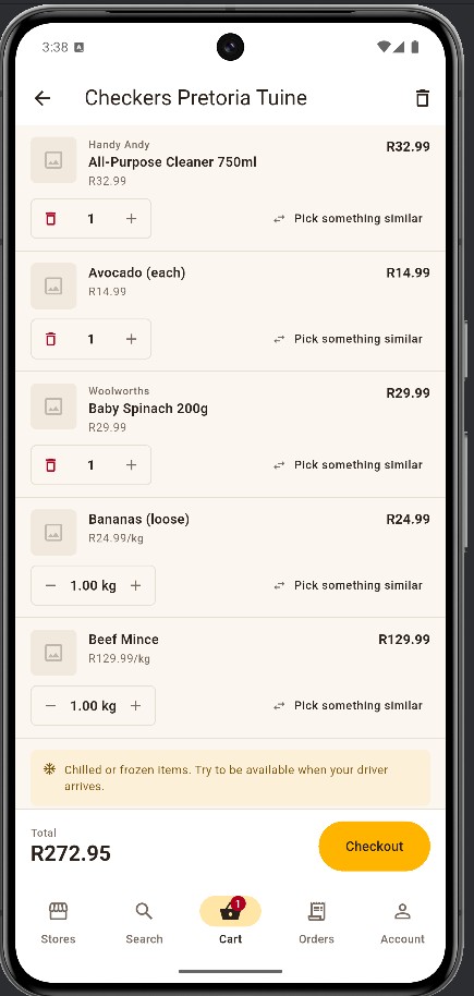App screen: basket and exact total