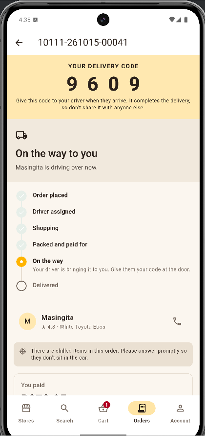 App screen: delivery code