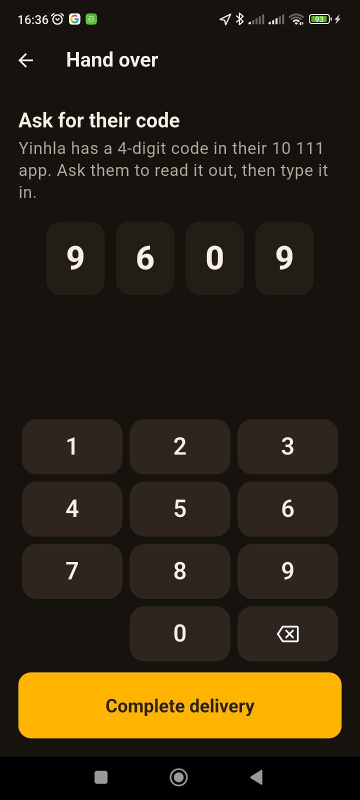 App screen: driver job