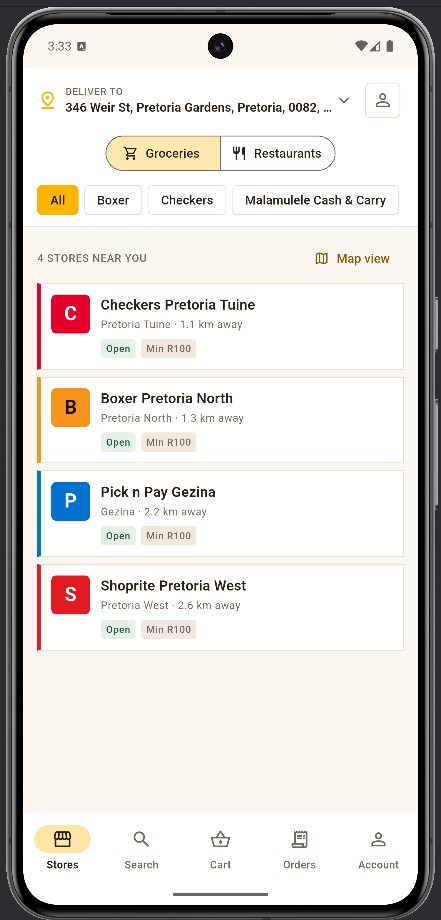 App screen: browse stores