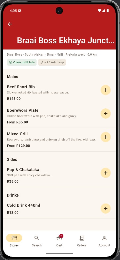 App screen: restaurant menu